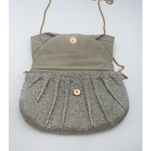 Maeve by Anthropologie Silver Beaded Bow‎ Clutch Purse Chain Strap - Picture 3 of 9